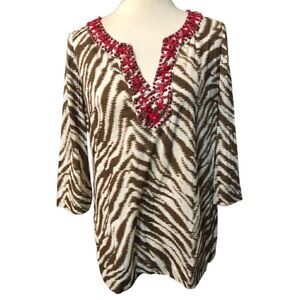 Loft Brown Cream Red Beaded Neck Animal Print Cotton Shirt Top Blouse Sz S